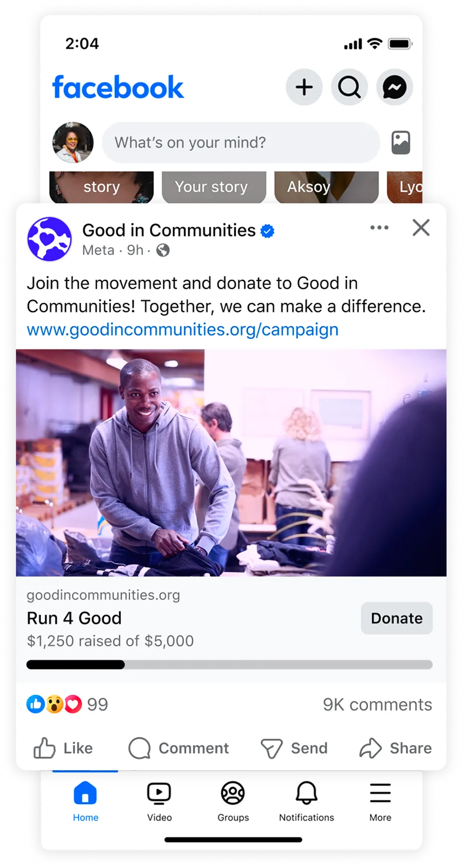 Third-party fundraiser displayed in a Facebook feed post with donation context and trust signals