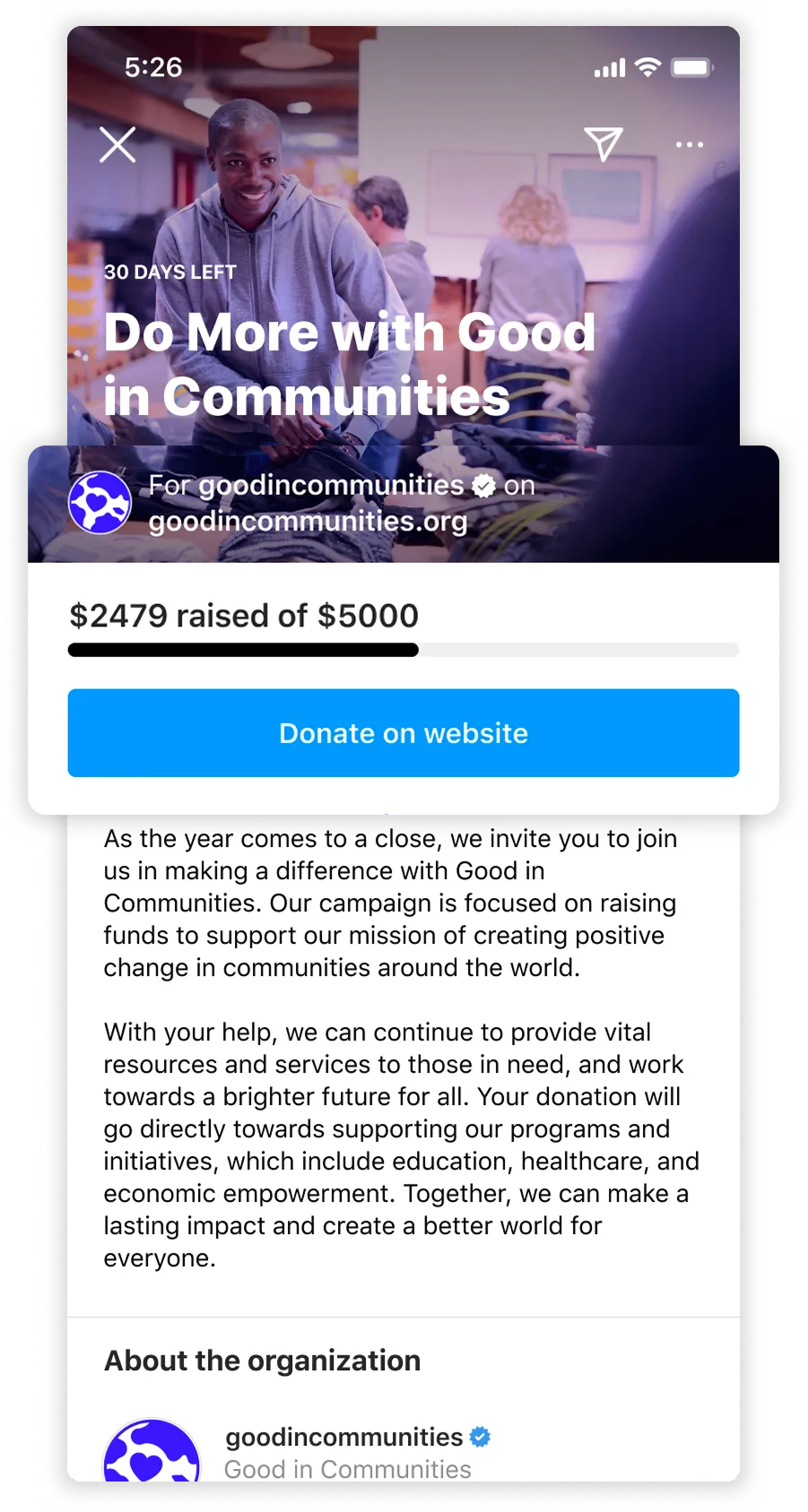Third-party fundraiser surfaced on an Instagram story and reel